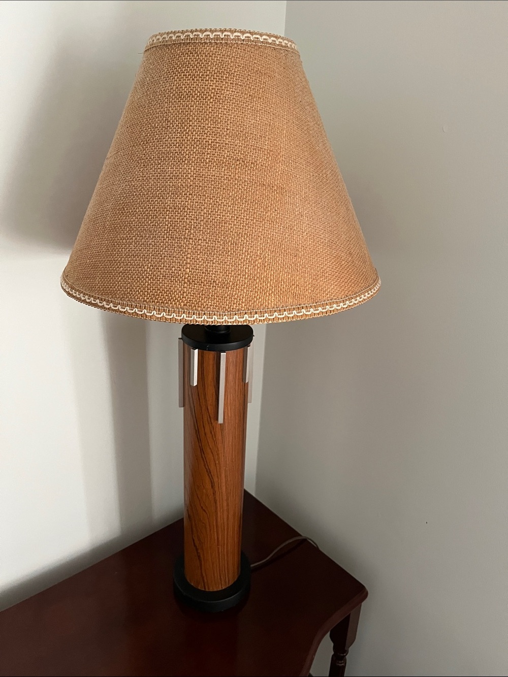 Classic Mid Century Modern heavy Wood Table Lamp with Beige Shade.